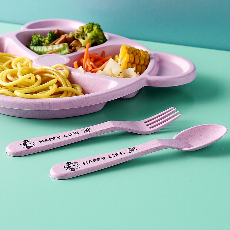 Khay Ăn Dặm Lúa Mạch Cho Bé Hình Gấu (5 Ngăn Kèm Muỗng Nĩa)