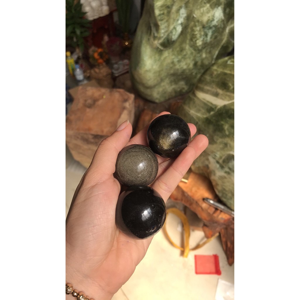 [HCM]Quả cầu obsidian ánh vàng (ĐK : 3 đến 3.5 cm) (số lượng 1 viên kèm đế) | CADA DECOR (CADA PHONG THỦY)