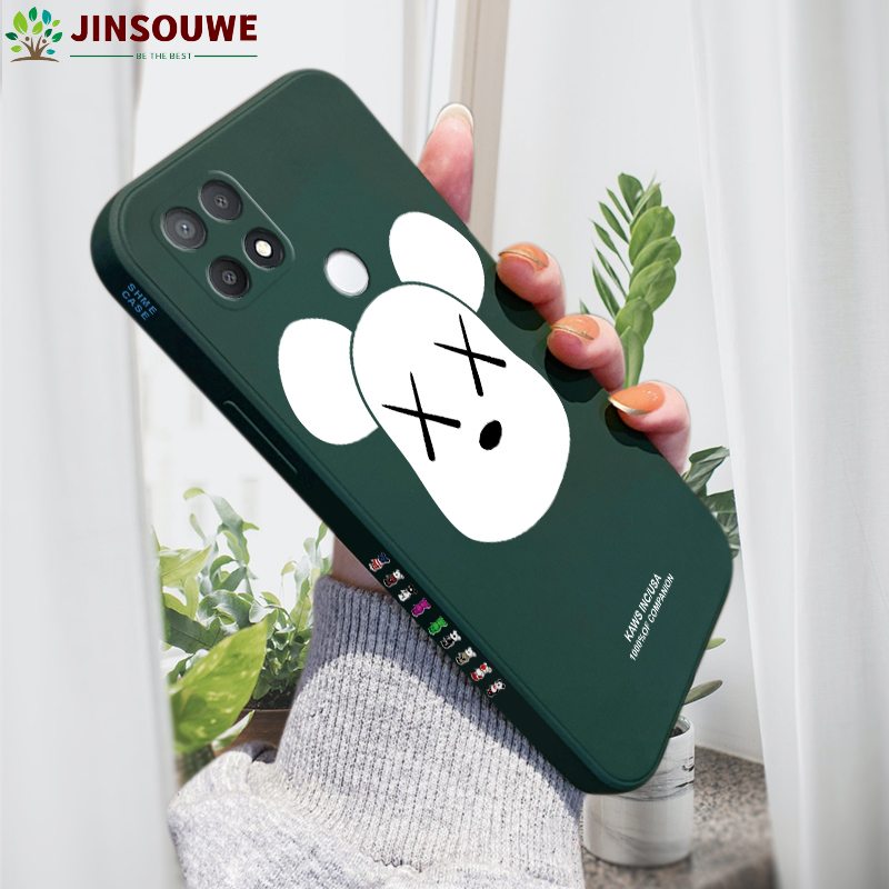 Jinsouwe Cellphone Case For OPPO A15 / OPPO A15S Case For Boys Girls POP MOMO Bear Casing Square Edge Pattern Liquid Silicone Full Cover Shockproof Camera Protect Case