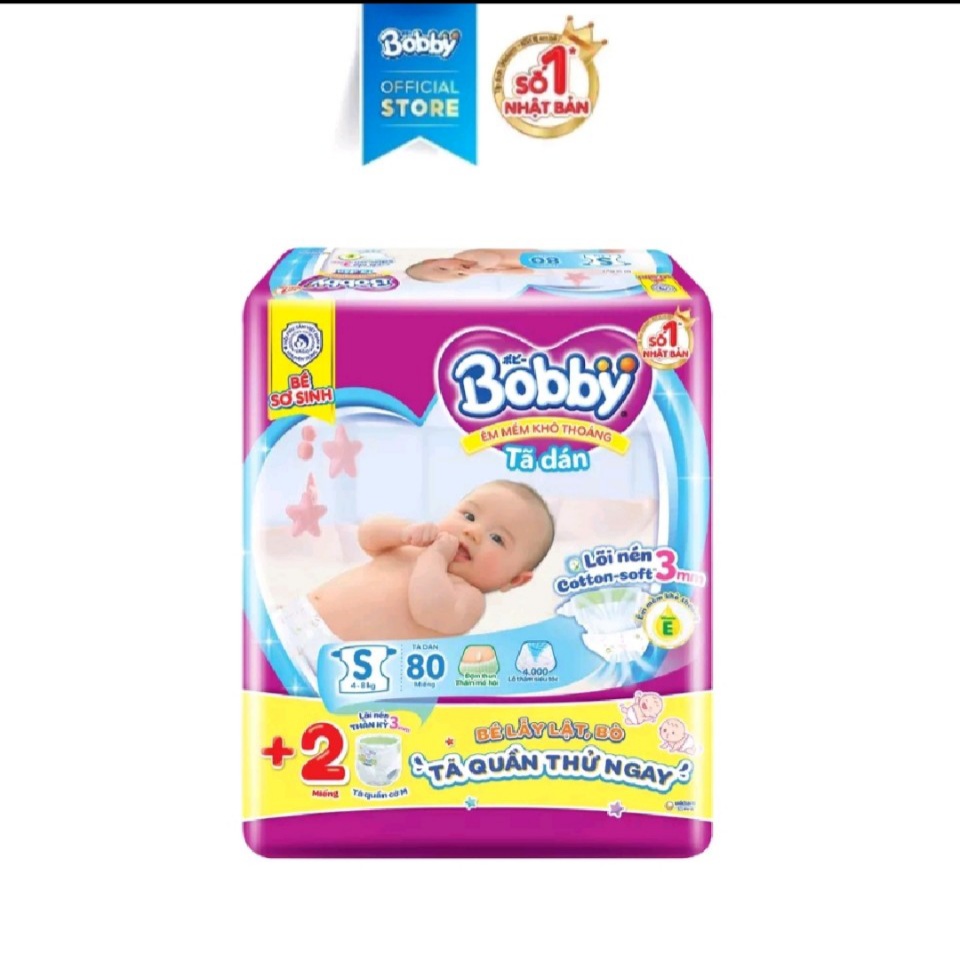 Tã dán Bobby lõi nén cotton-soft 3mm S 54 miếng, S80 miếng (4-8kg)