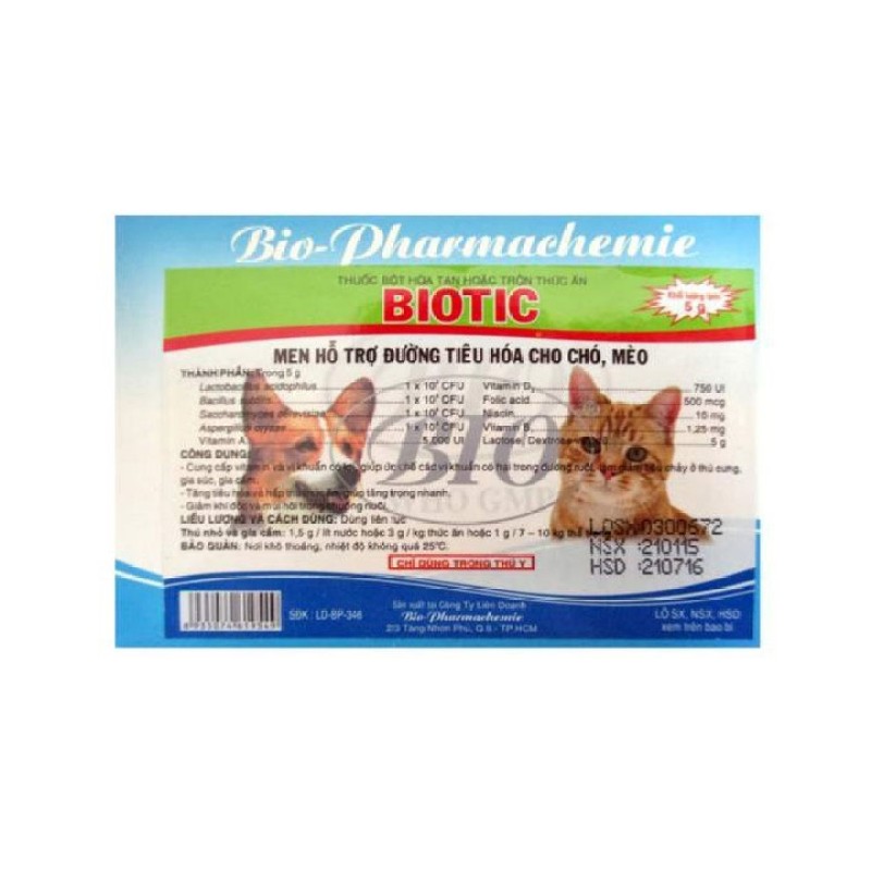 Gói Men tiêu hóa thức ăn cho chó trị phân sống, phân lỏng cho chó mèo Biotic-gói 5g