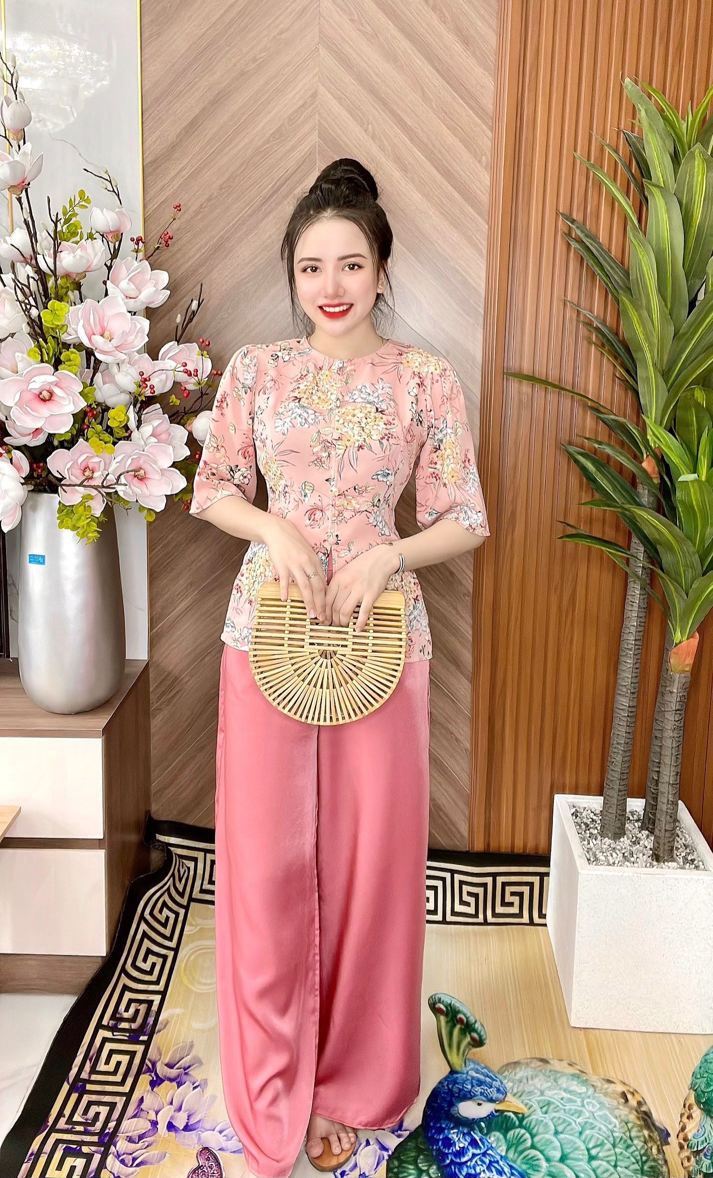 BỘ BÀ BA LỤA HOA NHÍ 3D TAY SUÔN
