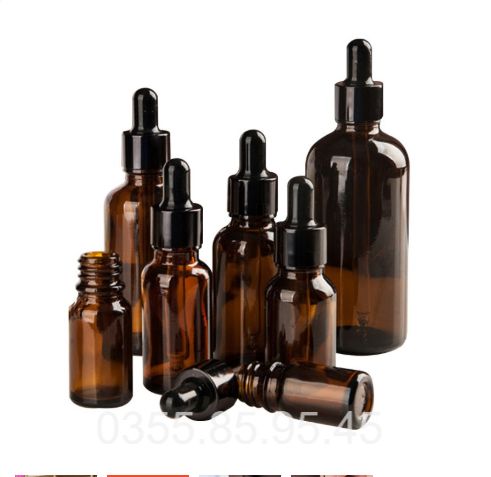 50 - 100 Chai thủy tinh chiết serum, tinh dầu thân NÂU nắp bóp ĐEN 5ml 10ml 15ml 20ml 30ml 50ml 100ml, lọ đựng serum, chai chiết mỹ phẩm du lịch