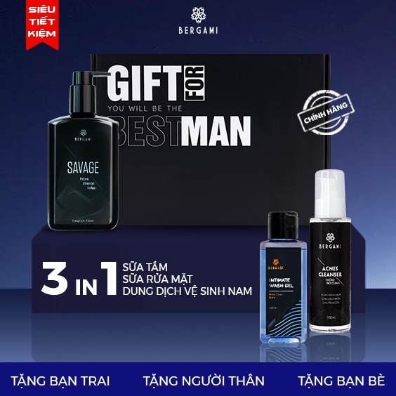 Combo Quà Tặng Nam Giới Bergami, Sữa Tắm Nước Hoa Nam 330ml & Dung Dịch Vệ Sinh Nam 130ml & Sữa Rửa Mặt Nam 100ml