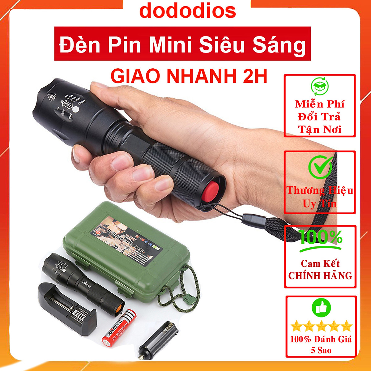Đèn pin siêu sáng, Đèn Pin Mini Siêu Sáng Chống Nước XMLT6 dododios Chính Hãng