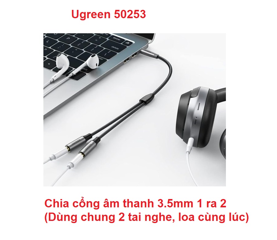 Cáp Chia Cổng Âm Thanh 3.5mm 1 Ra 2 Ugreen ( 20816 , 50253 ) dài 20cm Chính Hãng