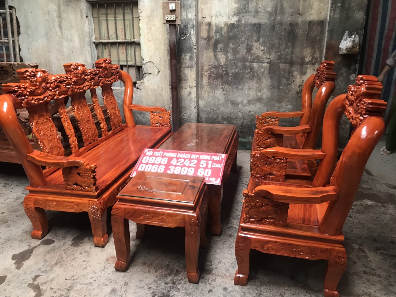 Bộ bàn ghế Nghê 3 Đầu gỗ xà cừ