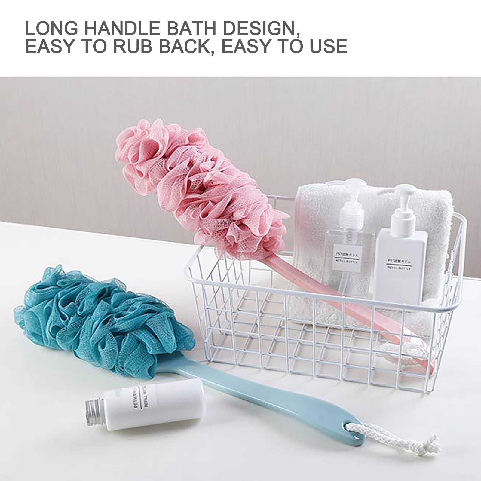 Puff Ball Scrubber Bath Shower Body Back Brushes Mesh Soft Fur With Long Handle Clean Handle Bath Ball Washcloth Exfoliating