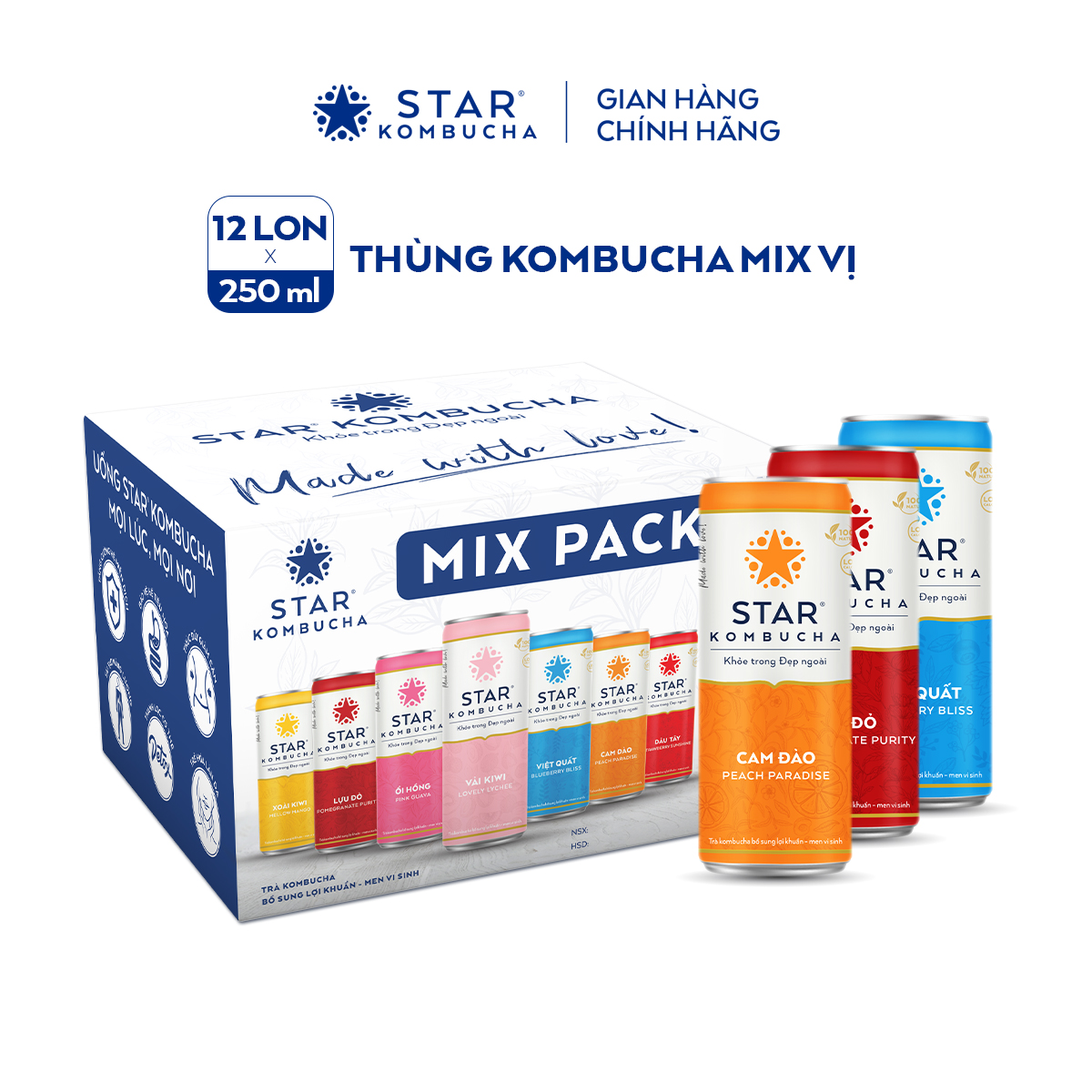 Thùng 12 lon trà lên men STAR KOMBUCHA mix 6 vị (250ml/lon)