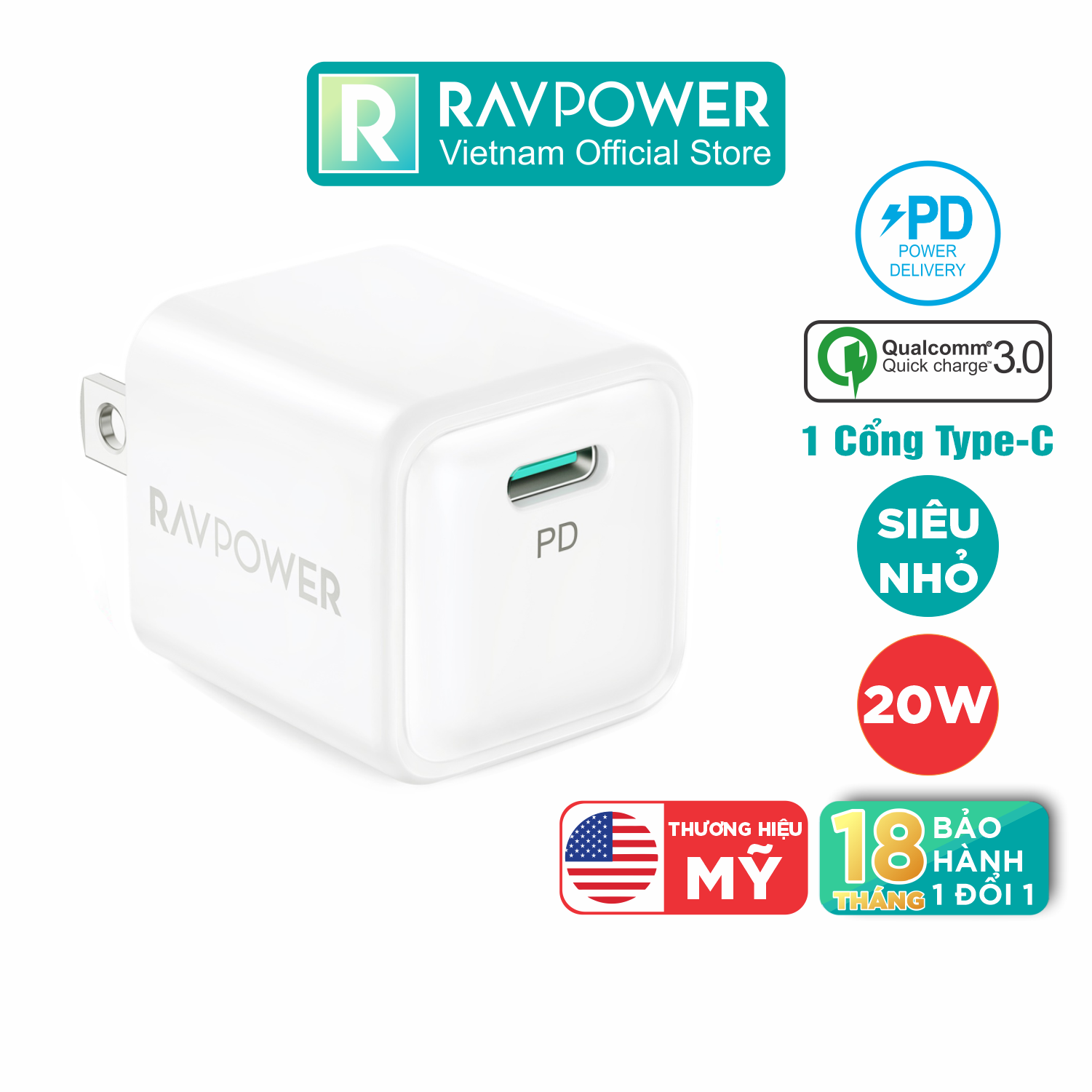 Adapter củ sạc siêu nhỏ ravpower rp-pc150 usb type c pd 20w sạc nhanh iphone, ipad, android - hàng chính hãng