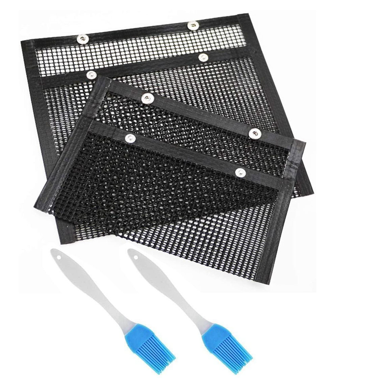2Pcs BBQ Grill Mesh Bag with Silicone Brush Non-Stick Mesh Grilling Bag Reusable Mesh Grilling Bag Outdoor Picnic Tool