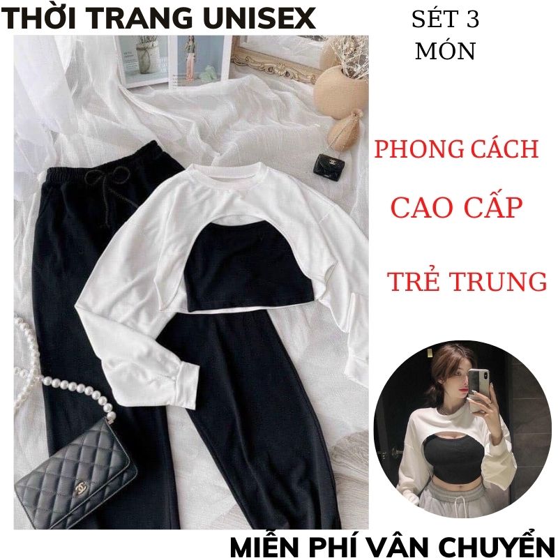 Set 3 món áo crt khoét ngực quần jogger rút gấu ulzzang/ Áo crt dài tay kèm áo 2 dây ôm body và quần ống rộng ,XƯỞNG MAY B&Q ,áo 2 dây ôm body nữ ,áo croptop ,quần bom ,quần ống rộng nữ ,sét bộ thể thao 3 món