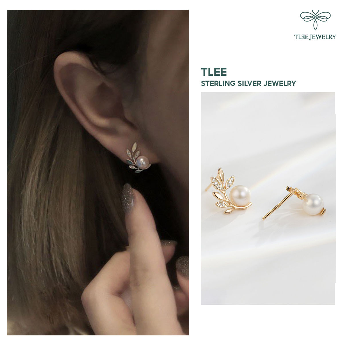 Khuyên tai bạc nữ TLEE Lá Oliu nạm đá ôm ngọc trai nhân tạo sang trọng TleeJewelry B0111