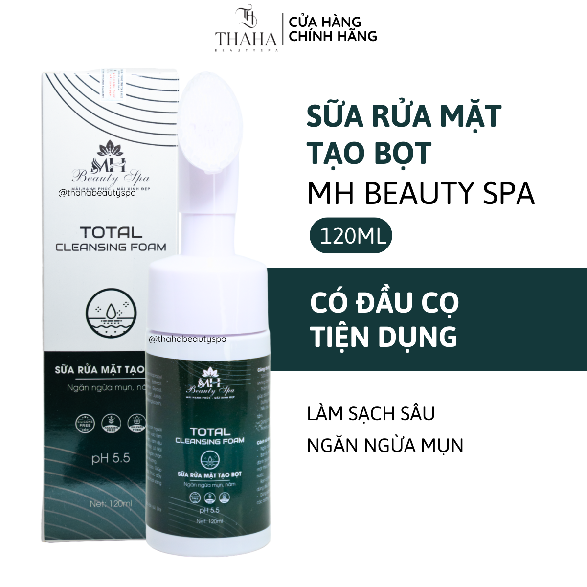 [CHÍNH HÃNG] Sữa rửa mặt giảm mụn, Sữa rửa mặt bọt mịn MH Beauty Spa 120ml làm sạch da, sáng mịn, hồng hào, giữ ẩm