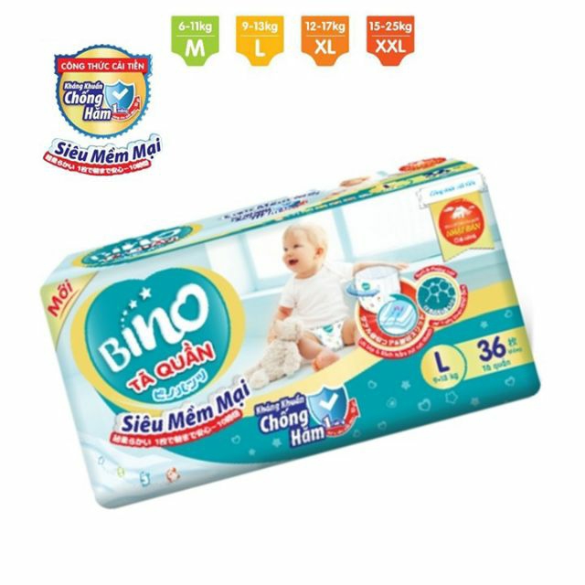 Bỉm Tã Quần BINO Size M40 L36 XL32 XXL28 kháng khuẩn chống hăm