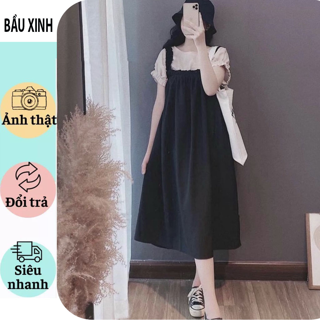Váy đầm bầu công sở dự tiệc-xét váy yếm rời kèm áo xinh xắn dáng babydoll vải mềm mát sang chảnh