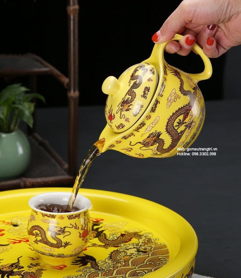 BỘ ẤM CHÉN 2 LỚP RỒNG VÀNG