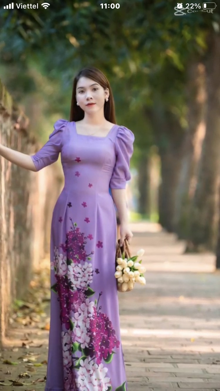 ÁO DÀI CỔ VUÔNG TAY BỒNG HOA 5D tím
