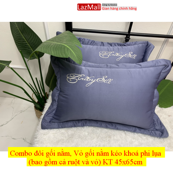 Combo đôi gối nằm, Vỏ gối nằm kéo khoá phi lụa (bao gồm cả ruột và vỏ) KT 45x65cm