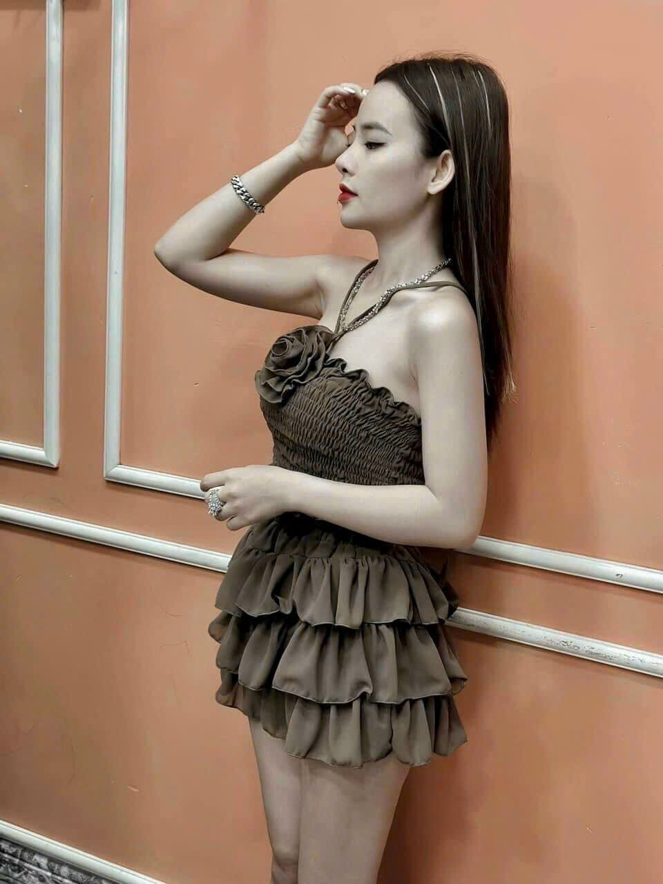 Sét váy voan áo yếm bông cổ