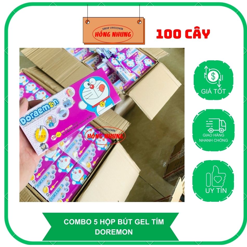 Combo 05 hộp = 100 cây bút gel doremon mực tím hộp 20 cây bút gel doremon màu tím, ngòi 0.5mm, bút êm