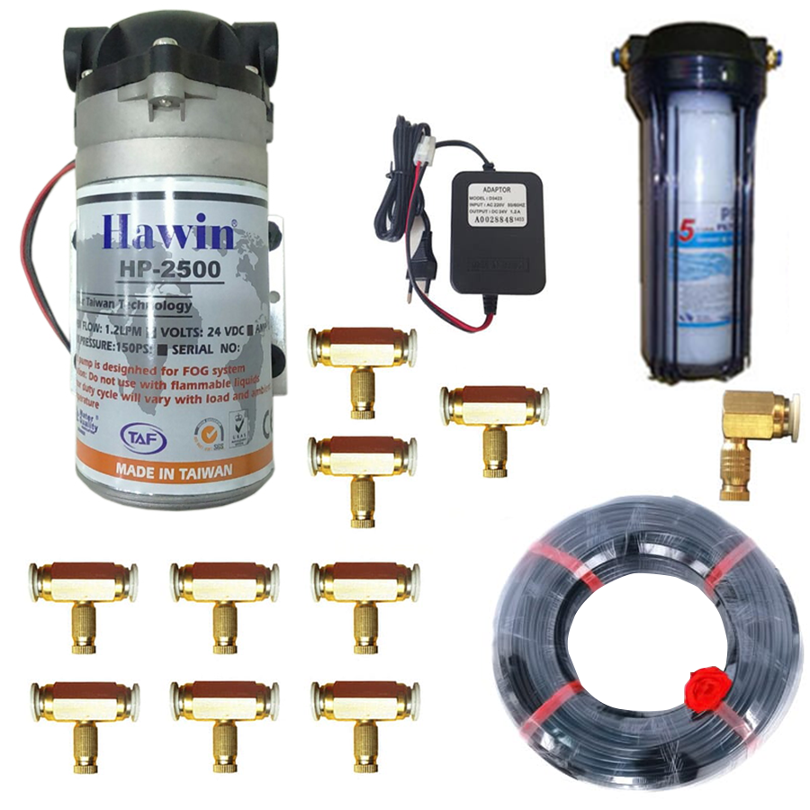 Combo 10 béc hệ thống phun sương làm mát quán ăn, cafe gồm đủ phụ kiện