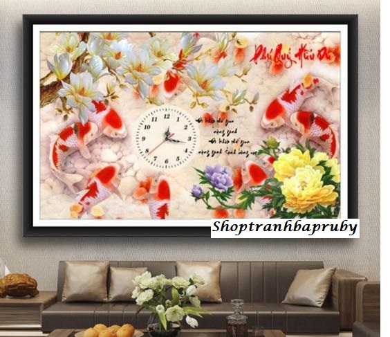 [HCM]Tranh đính đá Hạnh Phúc đồng hồ Cửu Ngư VS221 kích thước 75 x 50 cm