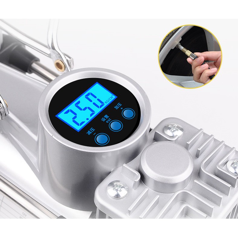 MÁY BƠM LỐP 2 XILANH BẢN CAO CẤP, TÍCH HỢP ĐÈN PIN, BƠM 2 PISTON XYLANH ĐỒNG HỒ ĐIỆN TỬ TỰ NGẮT