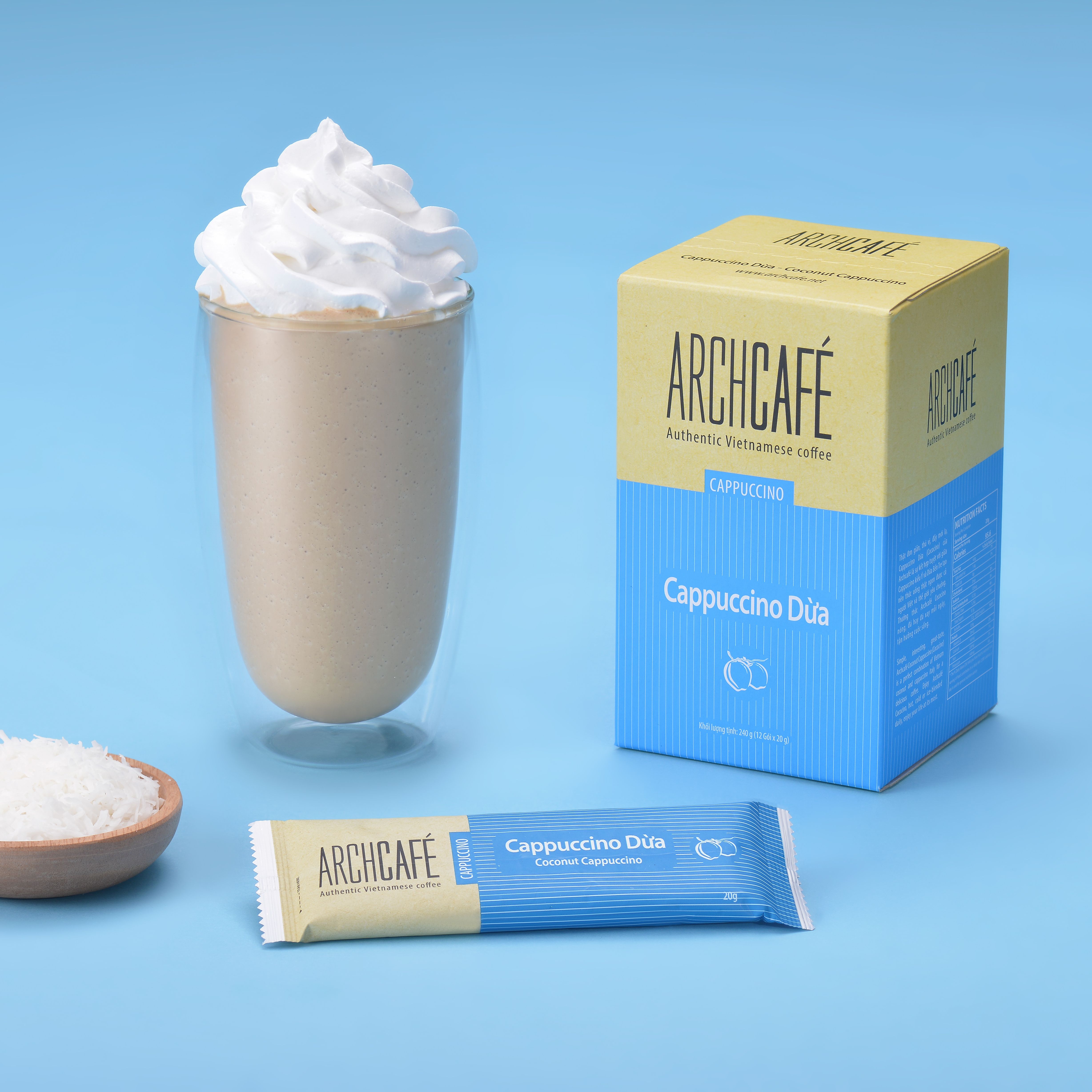 Combo 3 hộp Cappuccino Dừa - Cà phê hòa tan Archcafe (Hộp 12 gói x 20g)