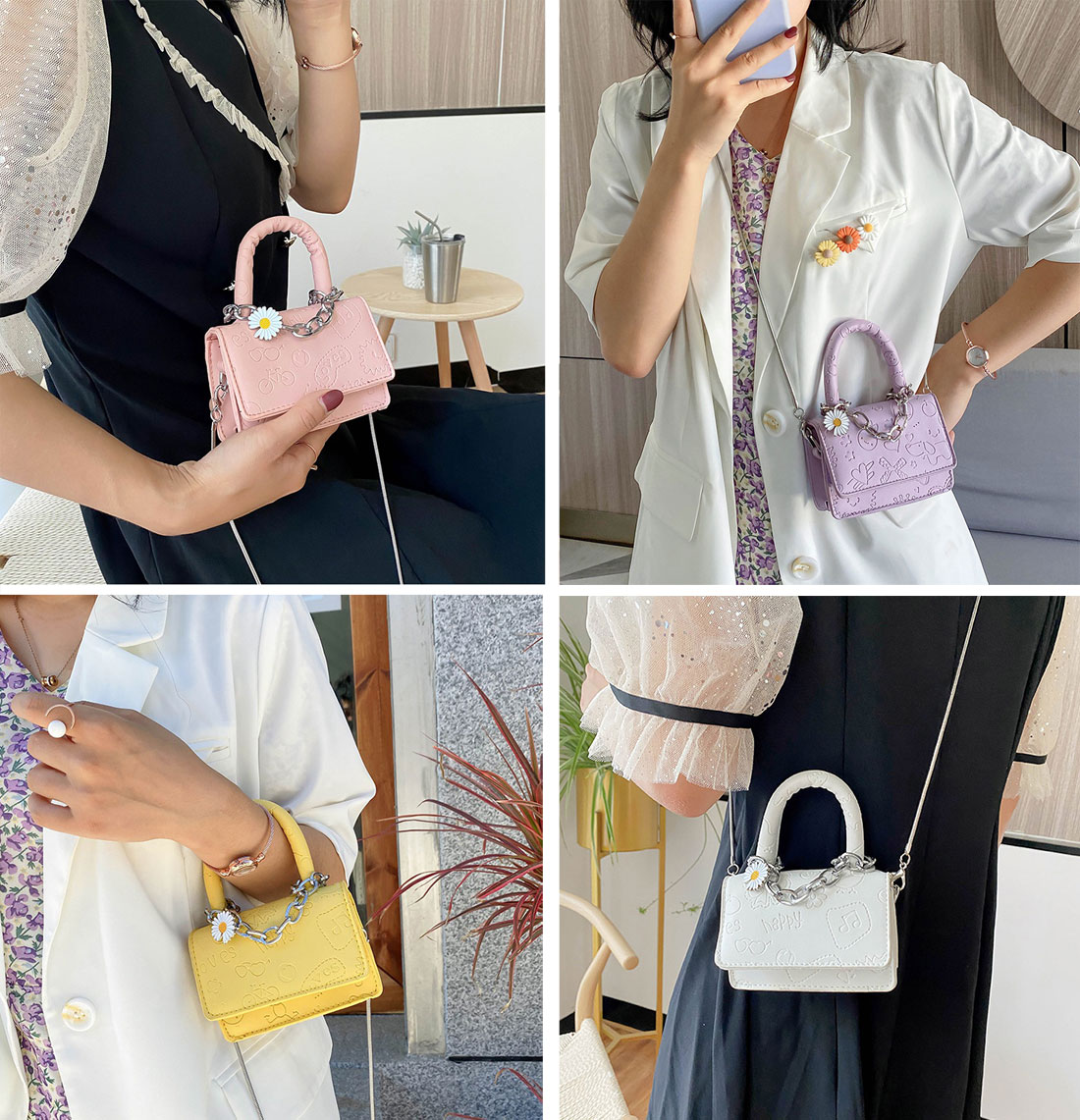 Túi Mini Phối Xích Hoa Cúc Vân Da Hình Art - 100style