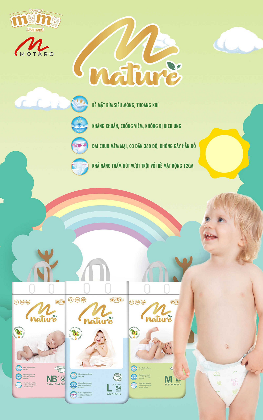 [Thử Là Ưng]Lẻ 1 Miếng Bỉm Tã Dán/Quần MOMODIAMOND NATURE Hạt Quả Bơ(Tinh Chất Vitamin E)