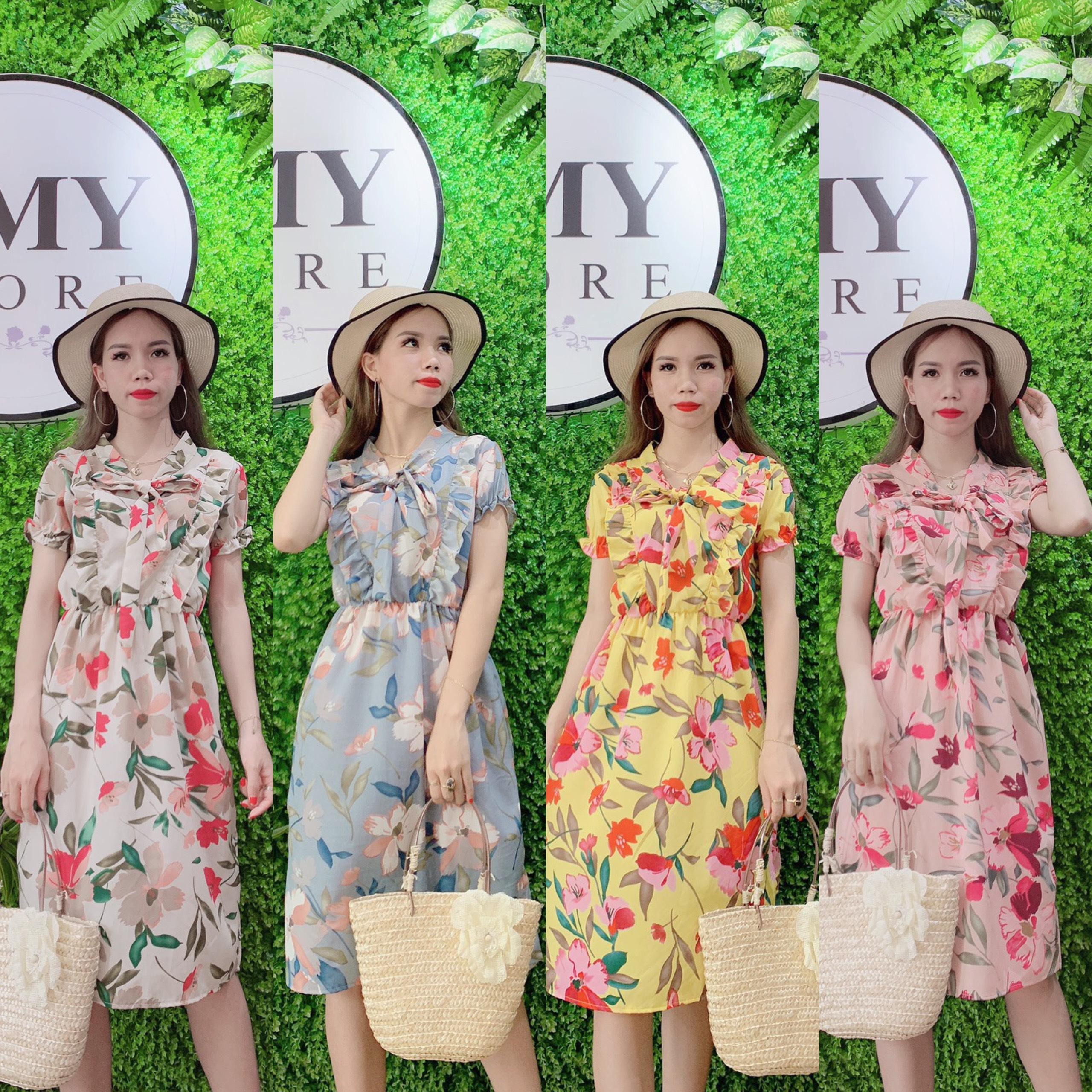 (Ảnh thật) Đầm Hoa Váy Hoa Thắt Nơ Bèo 2 bên Siêu Xinh