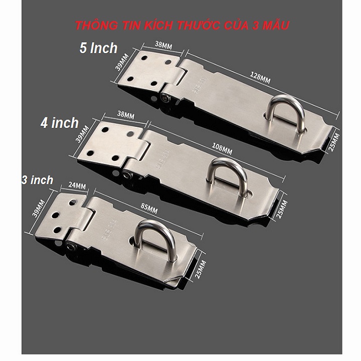 Chốt khóa thẳng có pat khóa ổ bằng inox tiện dụng phân loại 3inch,4inch,5inch - mã 794,795,796