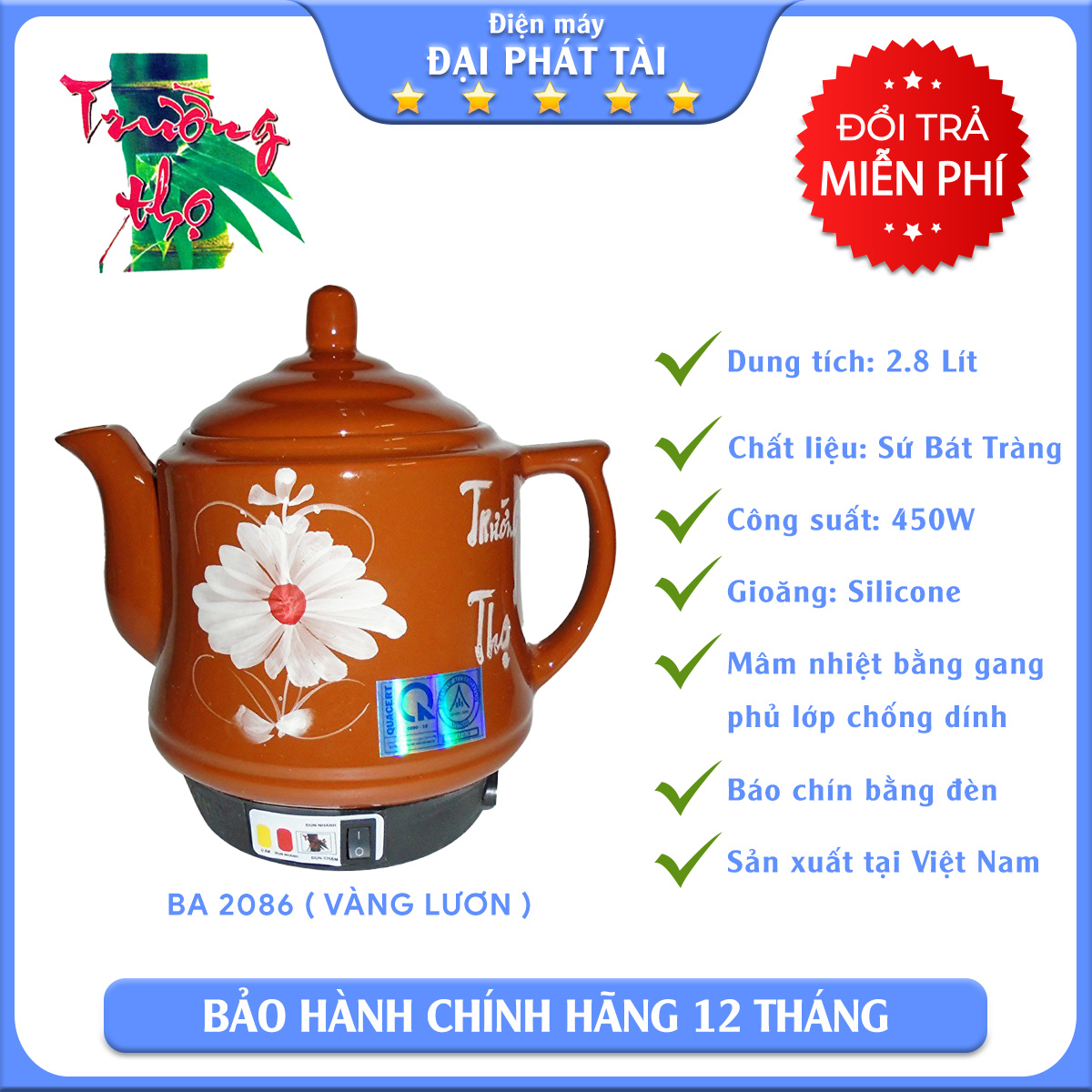 [HCM] CHỈ GIAO HỎA TÓC Siêu sắc thuốc tự động Trường Thọ BA2086 (Vàng).