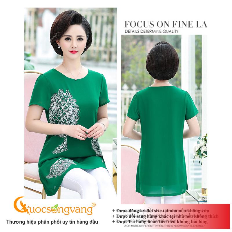 Áo kiểu nữ trung niên xanh lá in áo big size lụa chiffon trong lót lưới Queenbe GLA256 Cuocsongvang
