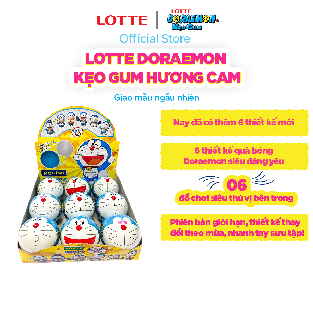 Combo 3 Bóng Lotte Doraemon - Kẹo gum hương cam 3g/hũ ( Mẫu Ngẫu Nhiên)