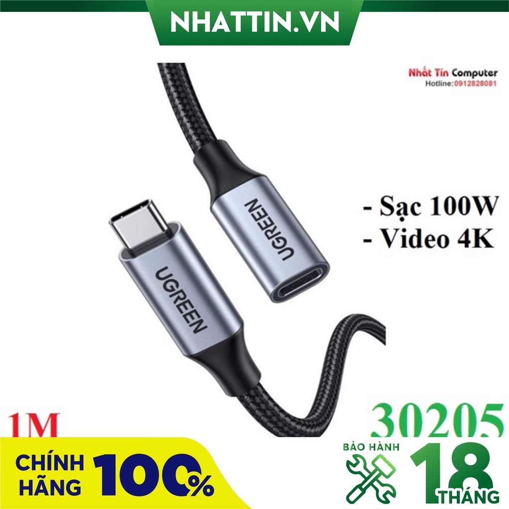 Cáp nối dài usb type-c 3.1 gen2 dài 1m hỗ trợ thunderbolt 3.0 sạc 100w, video 4k ugreen 30205 cao cấp - phân phối chính hãng