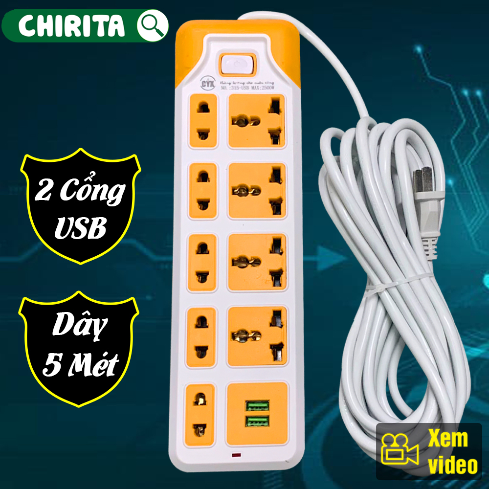 Ổ power plug smart CYX 315-have 9 plug, 2 USB port, power 2500W-socket multi-purpose high-grade, power plug anti-shock Chirita