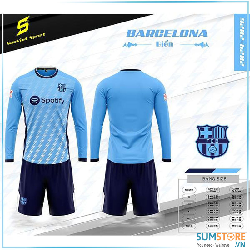 Bộ Áo Đấu Đá Bóng CLB Barca Dài Tay Xanh 2024 - Áo Bóng Đá Đẹp Mới