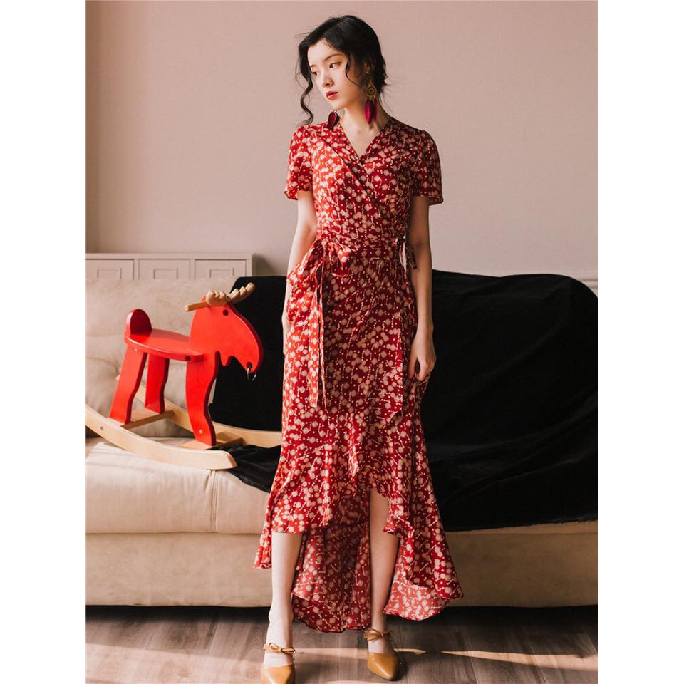 Váy Đỏ Vintage Vạt Chéo