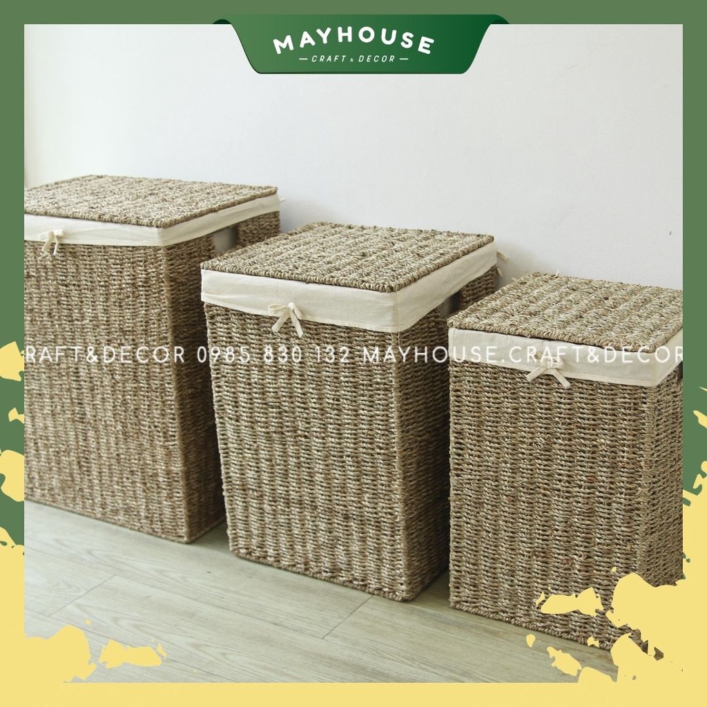 Giỏ cói, giỏ đựng quần áo mây tre, kèm vải lót, xưởng mayhouse, giá rẻ, decor, hàng loại 1 đan kỹ, có nắp, đủ size