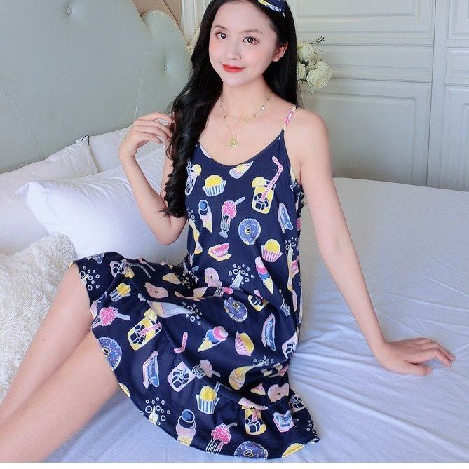 Đầm Ngủ , Váy Ngủ Cute Vải Cotton Siêu Mát (Tặng Kèm Bịt Mắt )