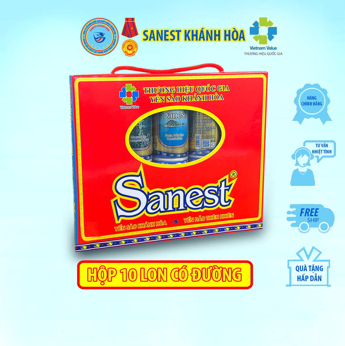 Nước Yến Sào Khánh Hòa Sanest - Hộp 10 lon 190ml có đường