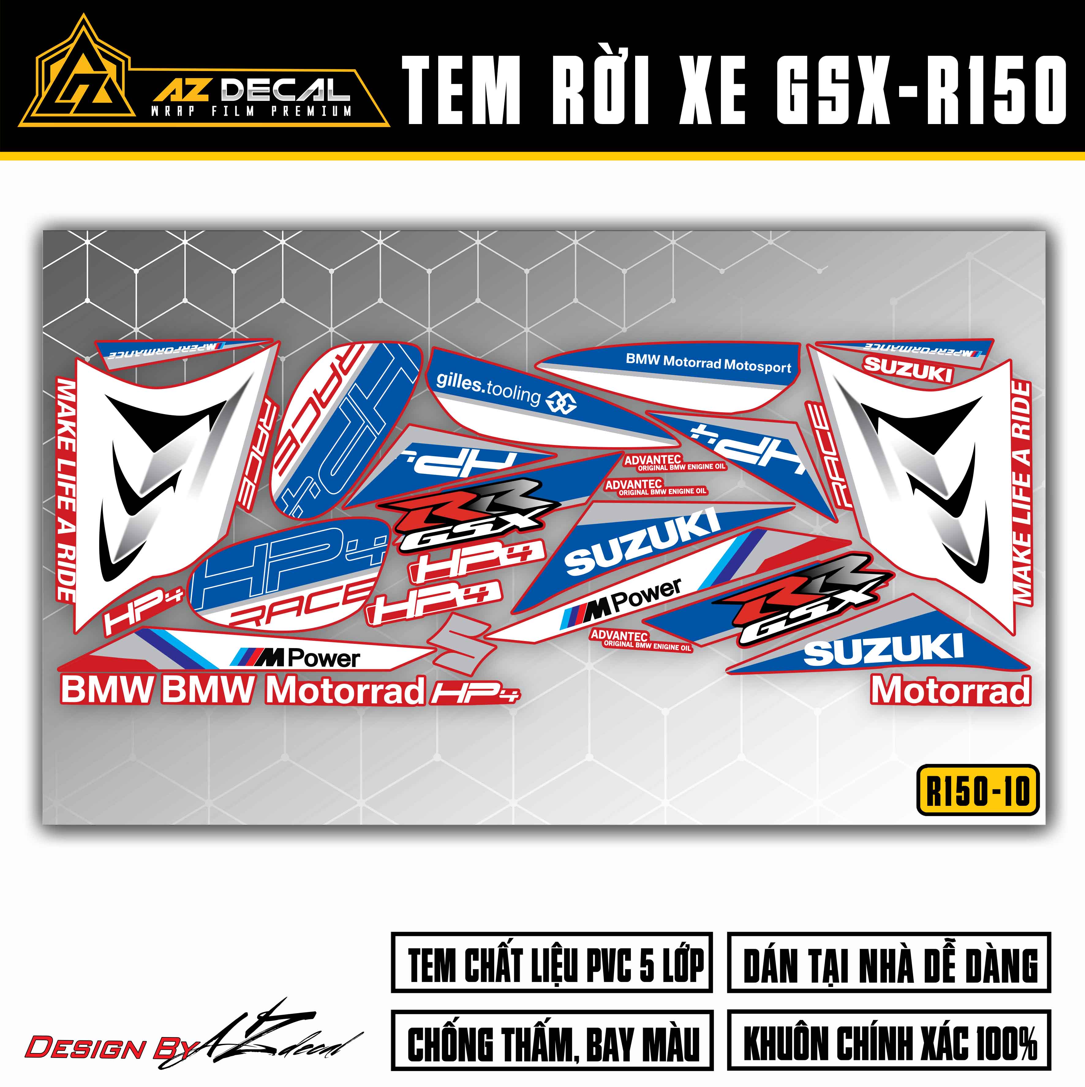 Tem Chế Xe Suzuki GSX R150 Mẫu HP4 | GSX R150-10 | Decal Rời Cắt Khuôn Sẵn Dễ Dán, Áp Dụng Xe Sơn Đỏ, Xanh, Đen, Trắng - Azdecal