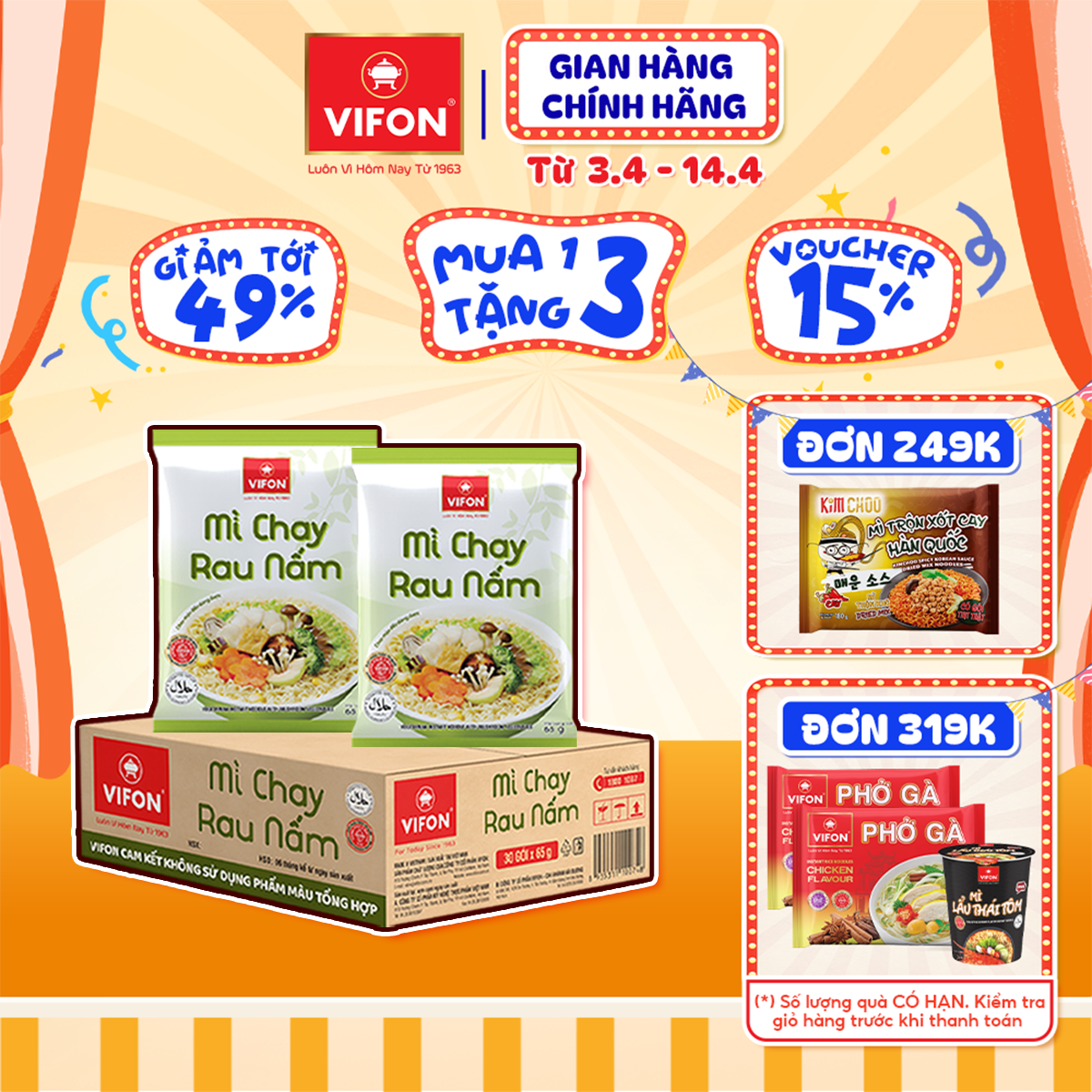 [VOUCHER 20%, LAZCOIN 10%] Thùng 30 gói Mì Chay Rau Nấm VIFON 65gr/Gói