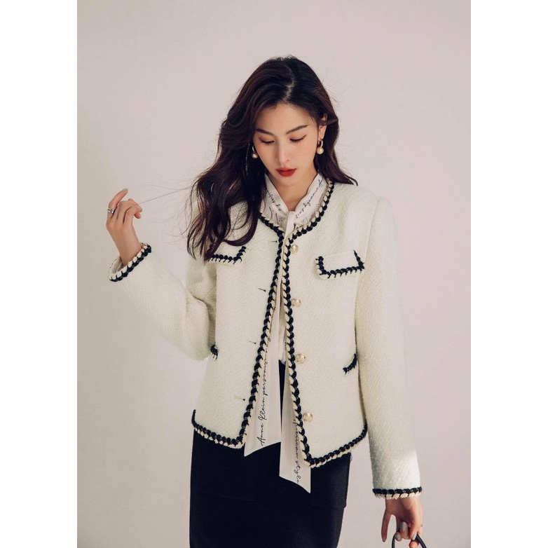 Áo Dạ Tweed Trắng Cổ Tròn Quynh Design