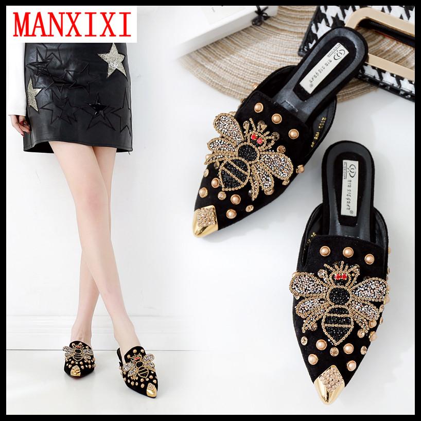 MANXIXI Thương Hiệu Thời Trang Nữ Giày Sục Mũi Nhọn Đế Bằng Xăng Đan Khoan