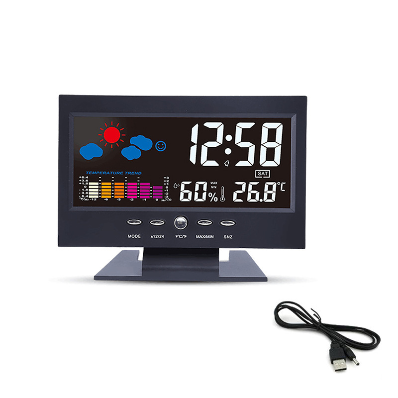 Perual Temperature and Humidity Color Screen Clock Large Screen Voice Control Weather Forecast Bell LCD Backlight 8082T Voice Control Weather Station Cloc