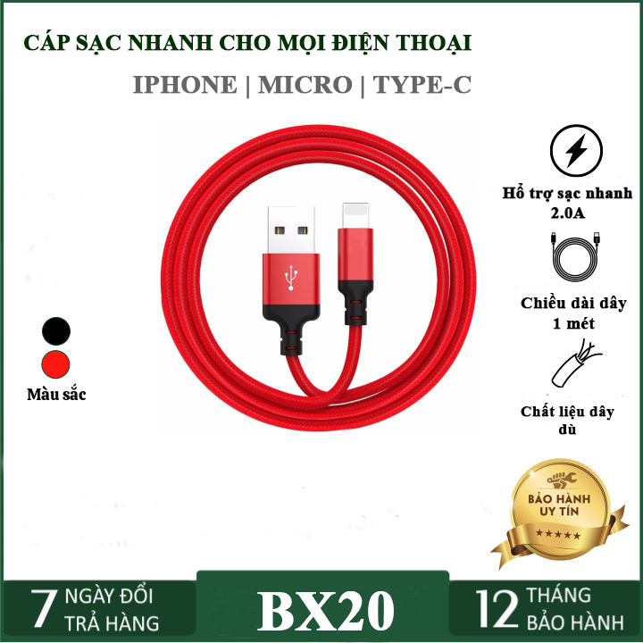 Dây cáp sạc nhanh bọc dù dài 1m dòng 2A Borofone BX20 dành cho điện thoại iphone ipad samsung oppo - Cáp sạc điện thoại lightning micro usb type c cho mọi điện thoại - Cáp dữ liệu