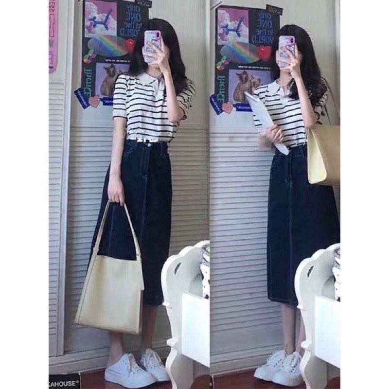 CHÂN VÁY BÒ ĐEN CHỈ NỔI VÀNG #919